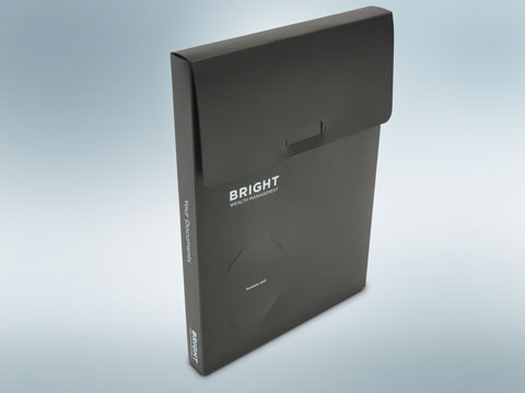 Black polypropylene upright box printed 1 colour 1/3 flap tuck lock,
with Bus,card slots