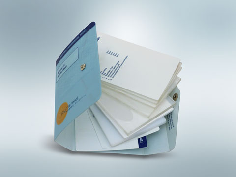 Polypropylene swatch with press stud fastener, printed filled and finished on behalf of Pyramid packaging
