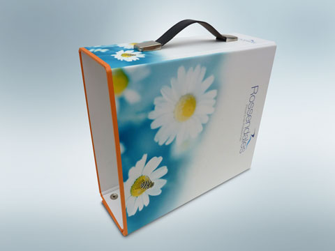 Paper over board presenter - 2 extra flaps, press stud closure, black ribbed flat handle.