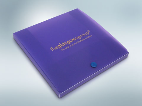 Translucent purple polypropylene presentation box. Full flap press stud closures. Printed 1 colour