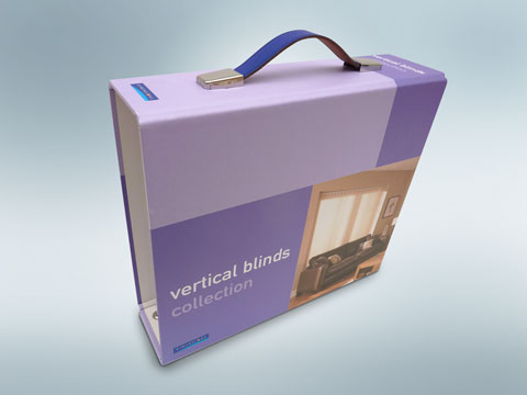 Paper over board presenter - 2 extra flaps, press stud closure, blue leather flat handle.